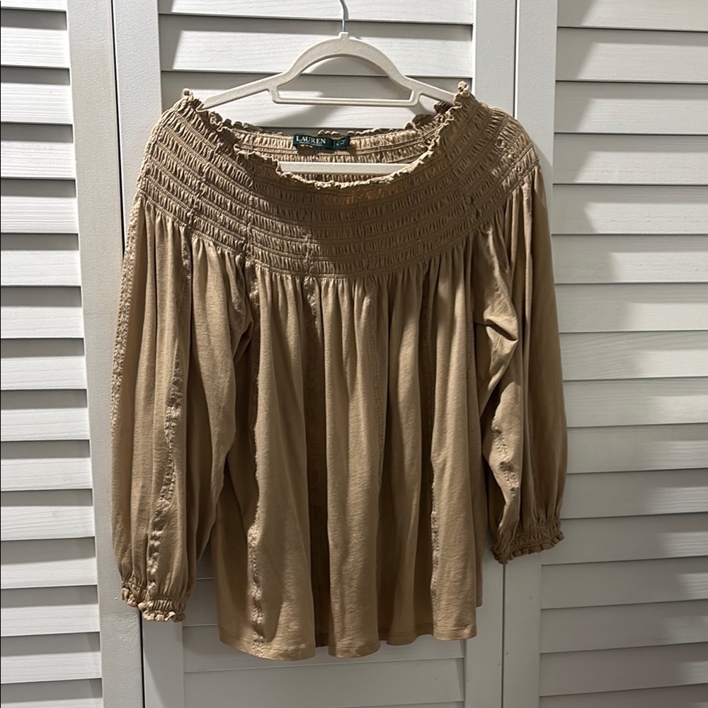Lauren Ralph Lauren Gold Smocked Blouse Relaxed Fit